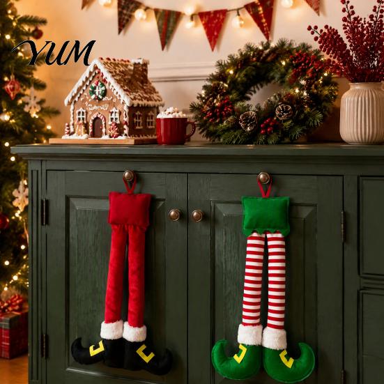 Holiday Hanging Ornaments for Tree Christmas Elf Leg Ornaments, Red Green Striped Fabric Decorations Lightweight Fireplace And Car Interior