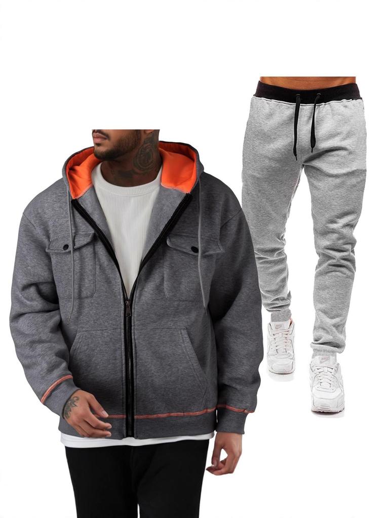 Men's 220g Pullover Hoodie Sweatshirt with Double Pockets and Zip-Up Cardigan Sports Casual Set
