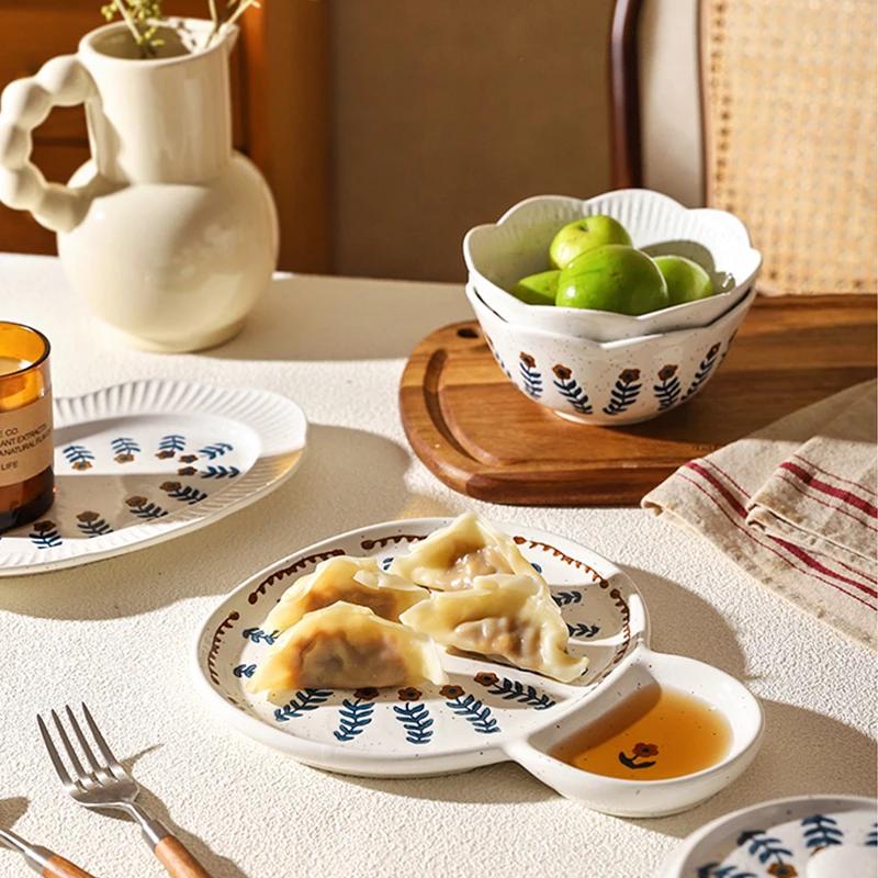 Retro Small Flowers Ceramic Plate High End Household Rice Bowls Exquisite Dumpling Plates Delicious Restaurant Dishes Soup Bowl