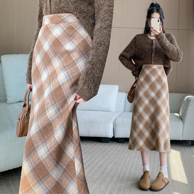 Plus Size Women s High Waist Plaid Wool Mid-Length Skirt in Korean Style 3XL хаки