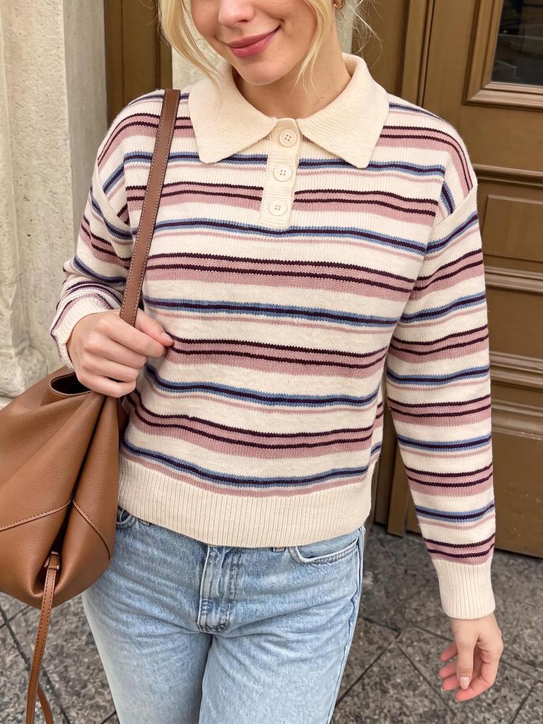 2026 Autumn/Winter Women's Striped Polo Collar Cardigan Sweater - Long Sleeve Knit
