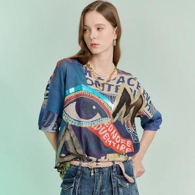 Pop Art Lettering Printing Loose Fit Round Neck Short Sleeve Knit Zd07qk002on