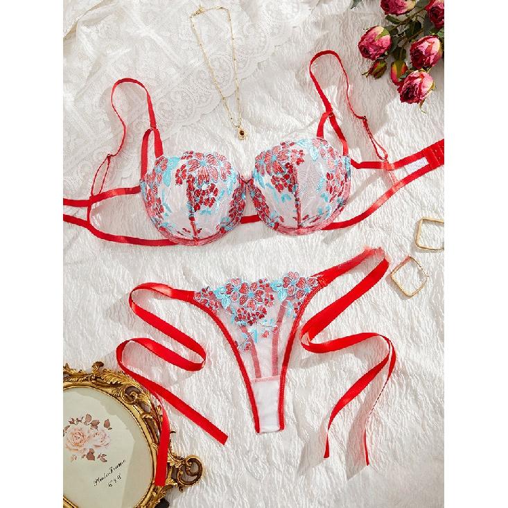 Toucheart 2 Piece Set Embroidery Lingerie Set Women Sheer Bra and Brief Underwear Set Satin Sexy Intimates See-Through Underwear