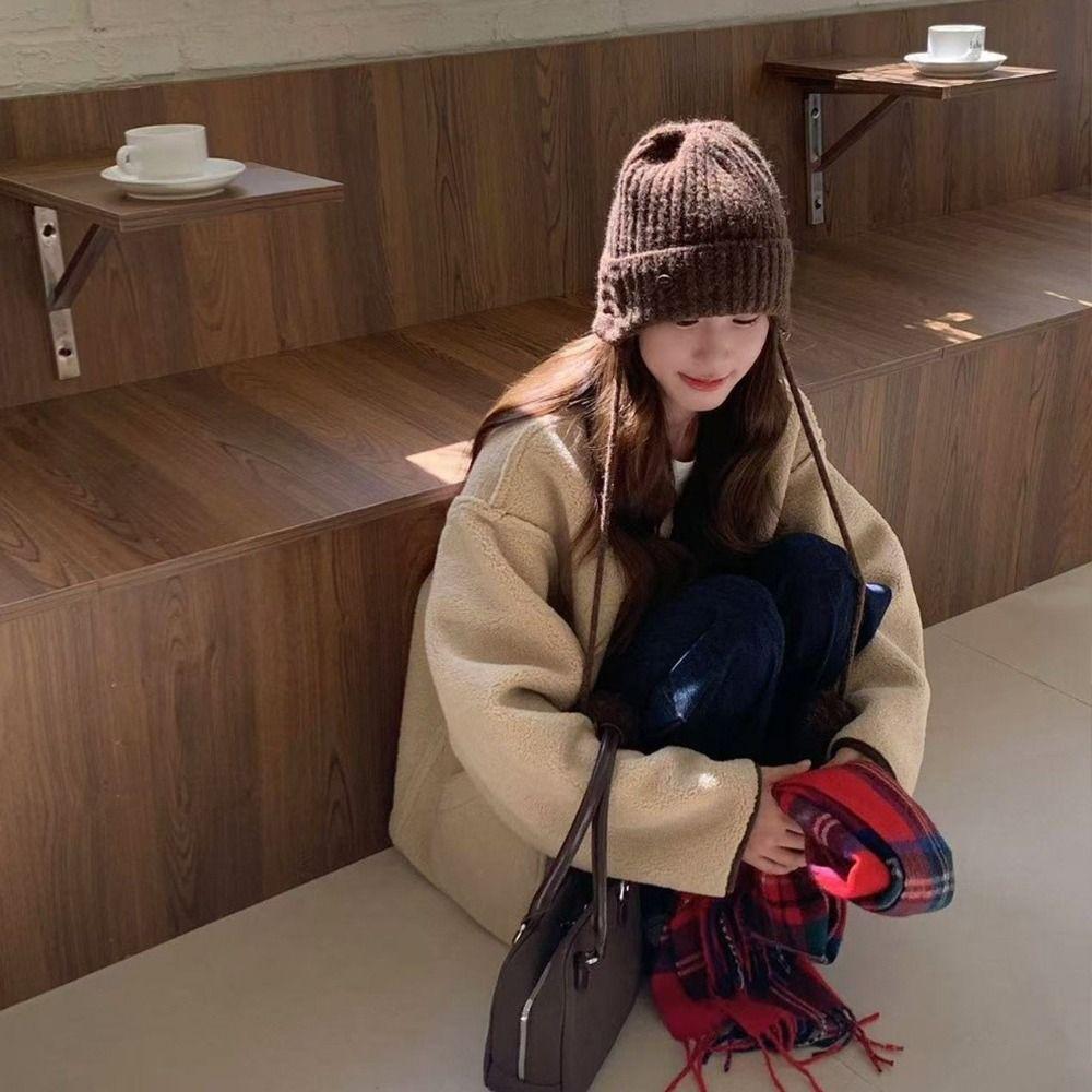 Windproof Pom-pom Knit Cap Winter Beanie Hats Japanese Y2k Knitted Cap  Outdoor