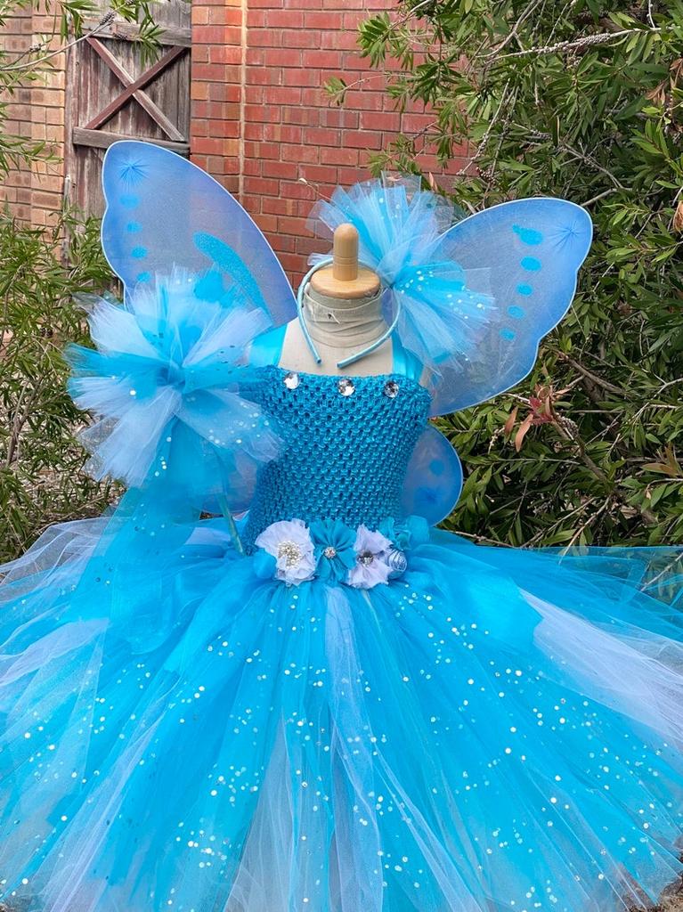 Vestito Tutù Blu Bianco Glitterato per Bambine Vestito da Fata dei Fiori per Bambini con Bacchetta ad Ala di Farfalla Costume da Festa per Bambini Vestiti da Principessa