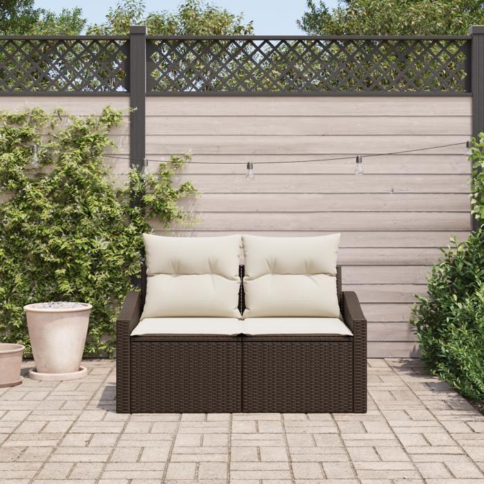 Canapé de jardin 2 places avec rangement et coussins en poly rotin marron 42006783