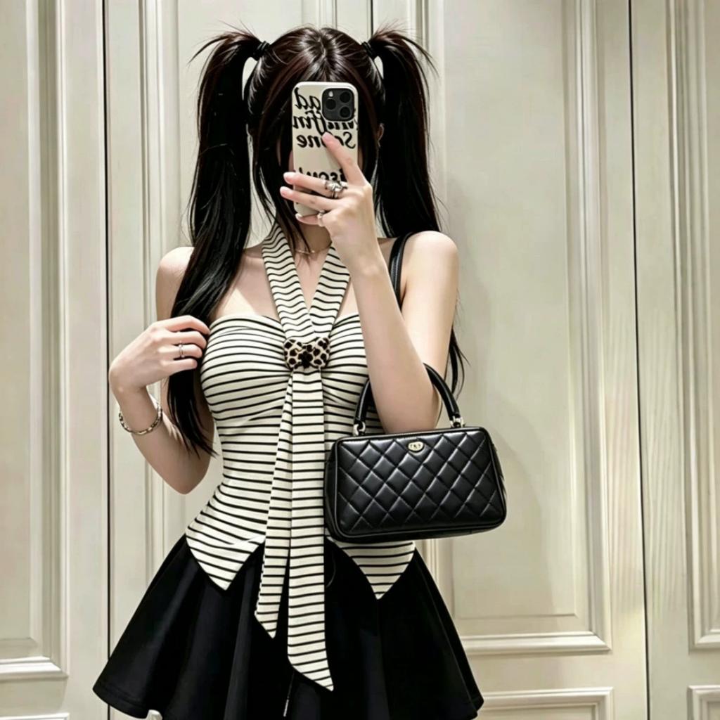 #Summer new pure desire wind striped splicing tube top female slim and thin fixed top with chest pad