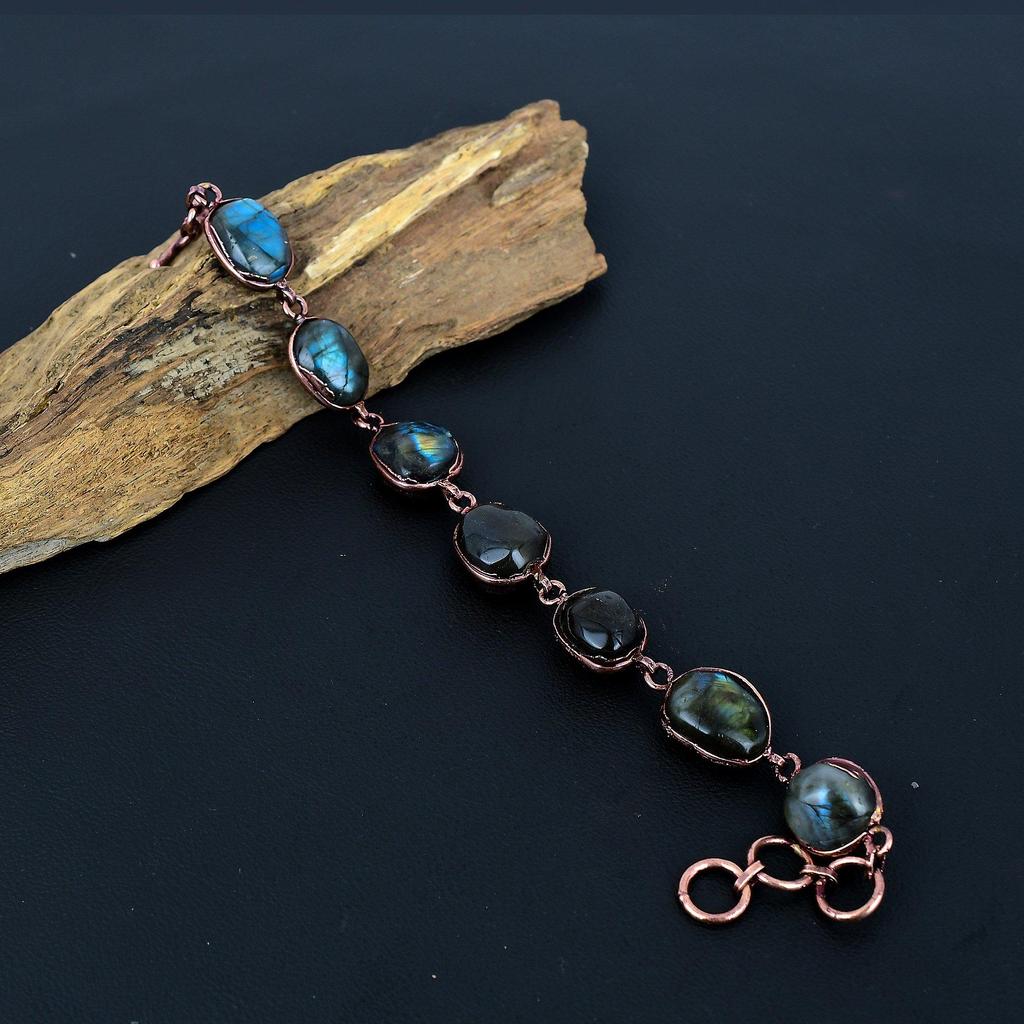 Labradorite Bracelet Handmade Jewelry, Copper Electroformed Bracelet Designer Gemstone Jewelry Adjustable Chain Bracelet Gift For Mom