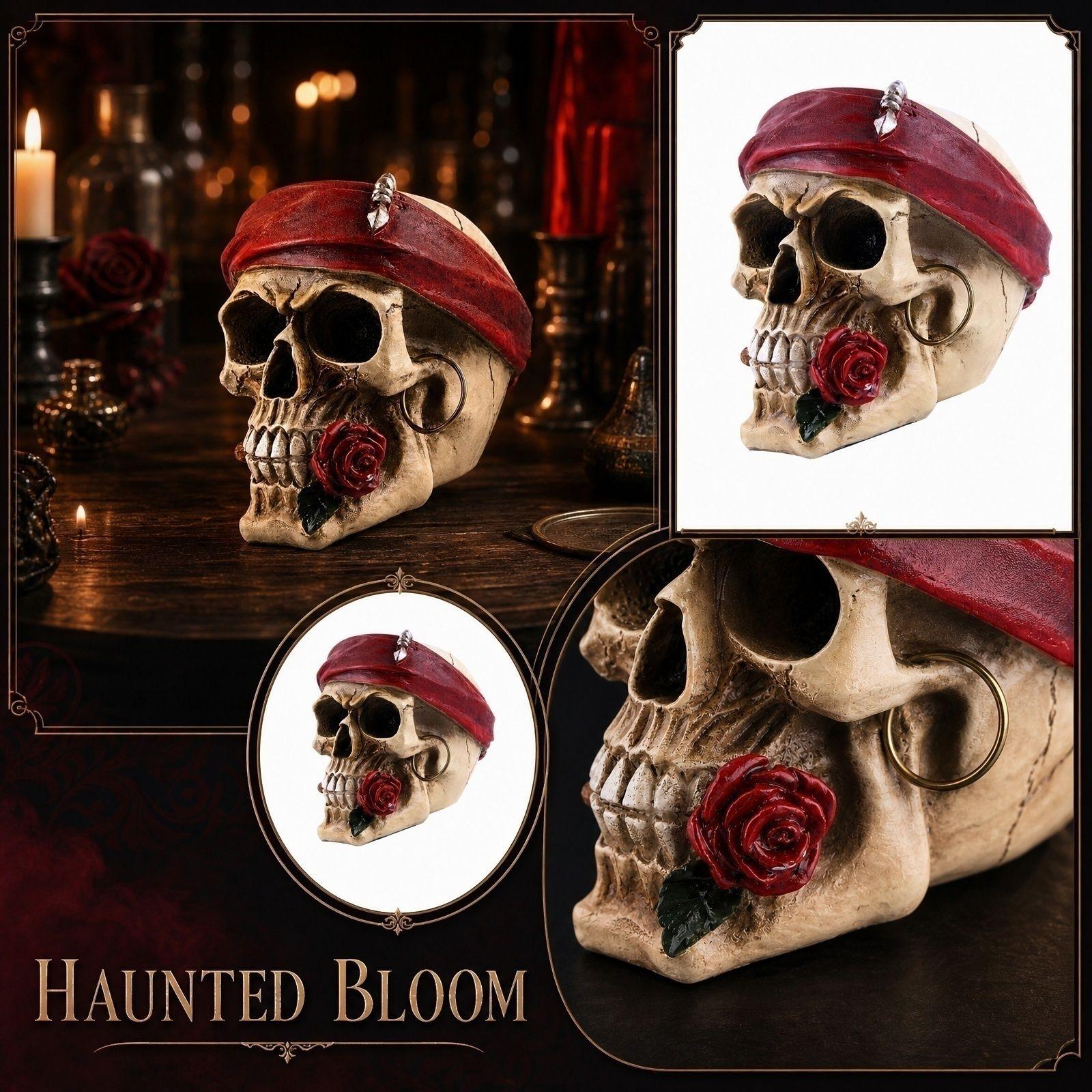 Resin Skull Sculpture with Pirate Bandana and Rose Decorative Figurine Halloween Home Ornament Unique Skull Craft Art Piece One Size