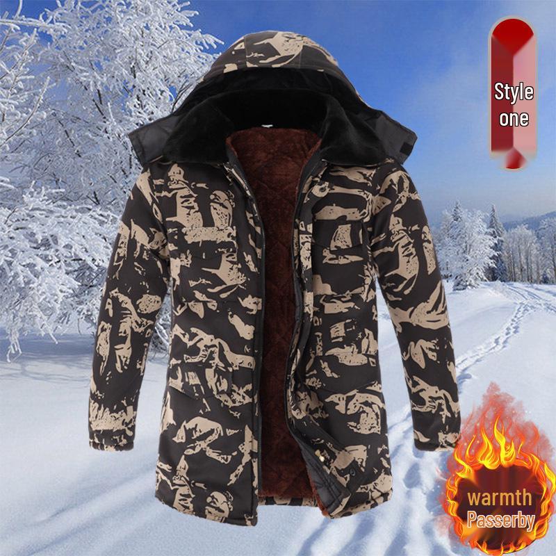 Camouflage Velvet-Padded Winter Work Jacket: Warm, Thick, Mid-Length, Cold-Resistant