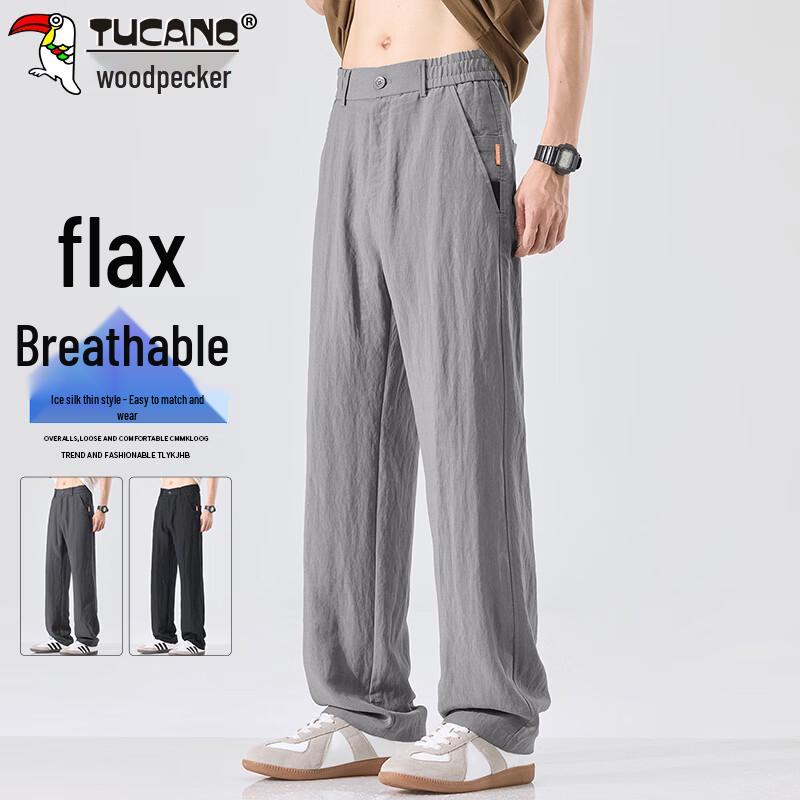 TUCANO Men s Ice Silk Linen Blend Straight Leg Casual Pants 32