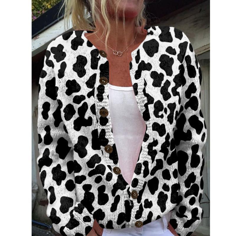 2025 Autumn/Winter Animal Print Round Neck Cardigan Sweater