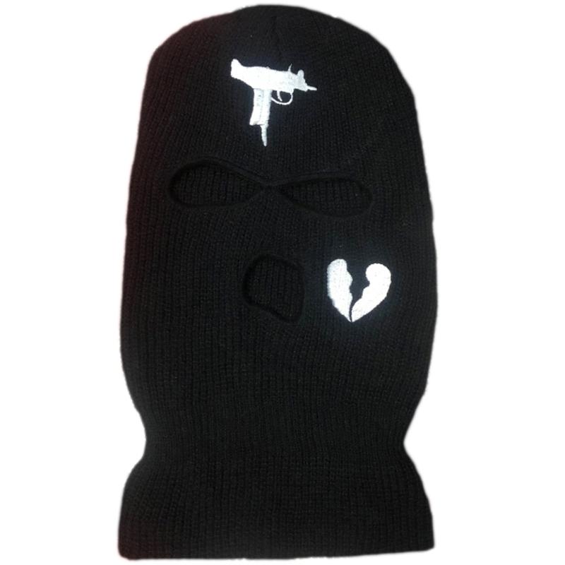 3-Hole Solid Color Embroidered Balaclava Knit Hat Face Mask Neck Gaiter Windproof Warm for Spring Fall Winter Daily Wear