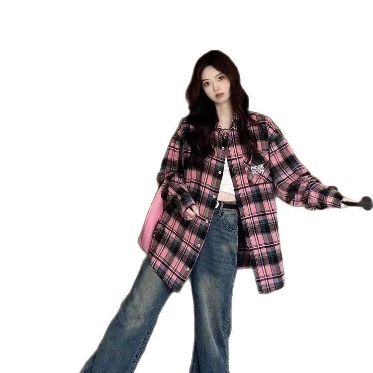 Korean Retro Minimalist Plaid Long-Sleeve Shirt Jacket for Women