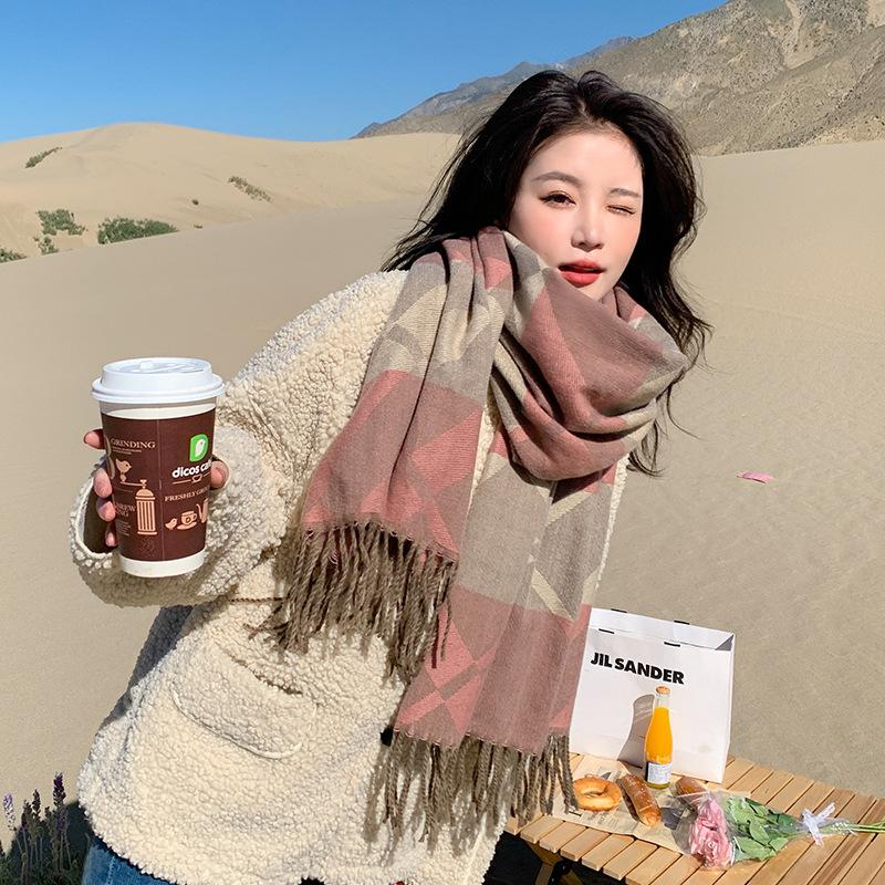 Autumn and Winter New Simple Starry Space Tassel Shawl Scarf Dual Purpose Retro Tassel Plaid Imitation Cashmere Scarf for Women