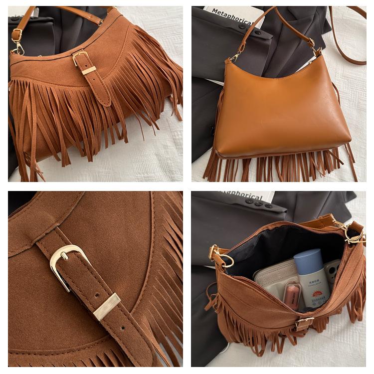Korean Style Suede Faux Leather Square Bag Tassel Fringe Crossbody Shoulder Purse for Women