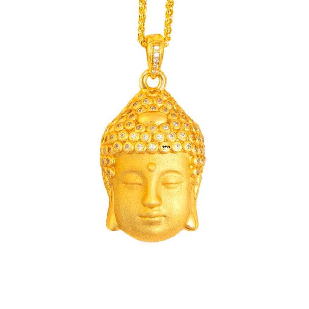 Chinese Sand Gold Buddha Head Pendant: Diamond-Inlaid, Ethnic Style, Gold-Plated Tathagata Design for Unisex.