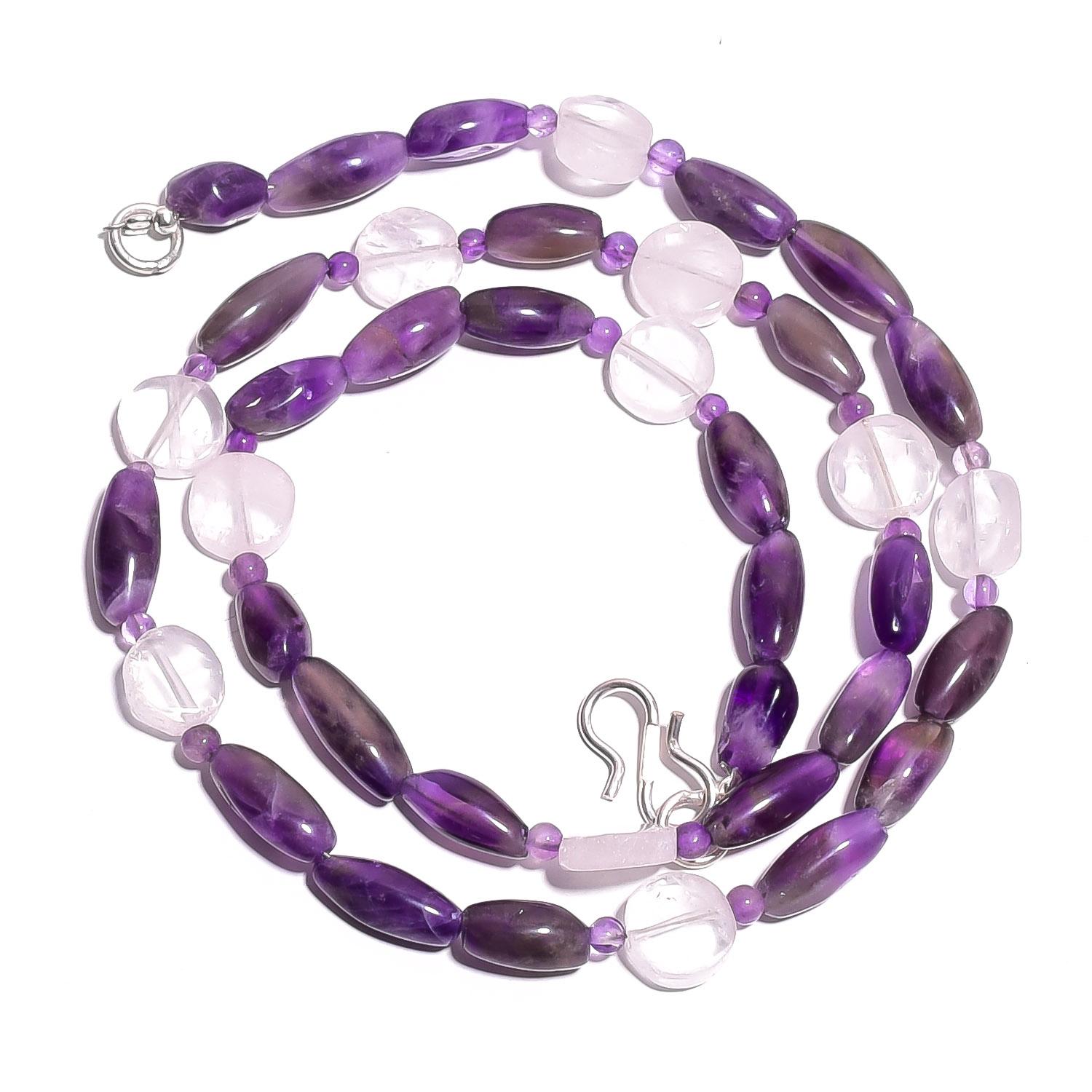 

Natural Amethyst Rose Quartz Gemstone Mix Shape Smooth Beads Necklace 17 UB4034 UB-4034