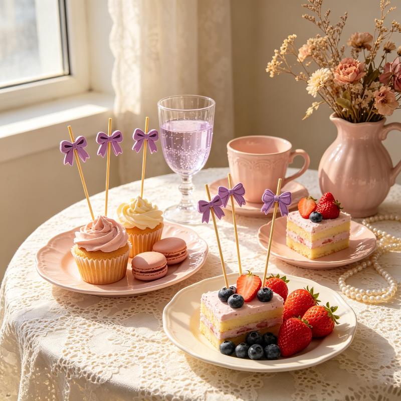 100Pcs Cute Lollipop Bow Burger Buffet Cake Cocktail Fruit Fork Disposable Bamboo Food Fruit Toothpicks For Wedding Party Decor