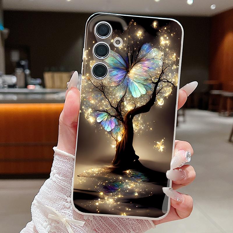 Glänzendes Fantasy Baum Schmetterling Muster Hülle Für Samsung Galaxy S25 Edge S24 Ultra S23 S22 Plus S21 FE S26 Ultra Lederstruktur Silikonhülle