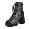 FOREADA Women Sandals Peep Toe Thick High Heels Platform Glitter Lace-up Design Boots Ladies Fashion Shoes Summer White Black 46