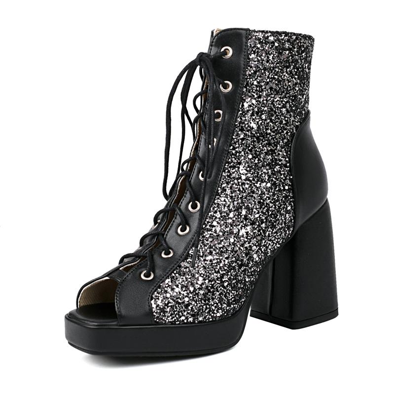 FOREADA Women Sandals Peep Toe Thick High Heels Platform Glitter Lace-up Design Boots Ladies Fashion Shoes Summer White Black 46