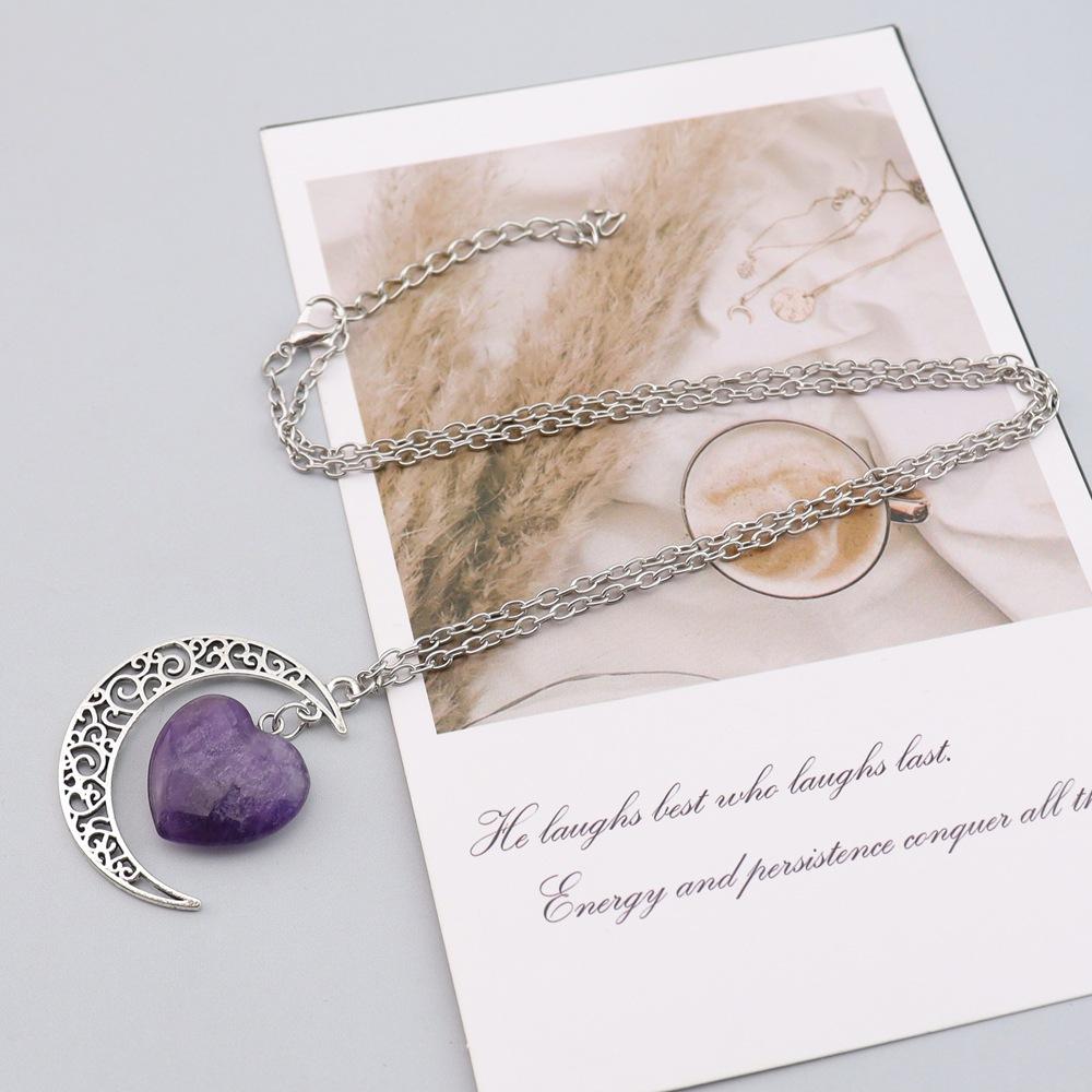 Natural Stone Crystal Amethyst Powder Crystal Moon Love Pendant Necklace Hollow Pendant Couple Necklace N164