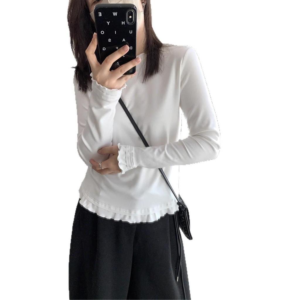 Ruffle Lace Long Sleeve Base Layer: 27% Viscose, 67% Special Polyester, 6% Spandex - Korean Style Artistic Niche.
