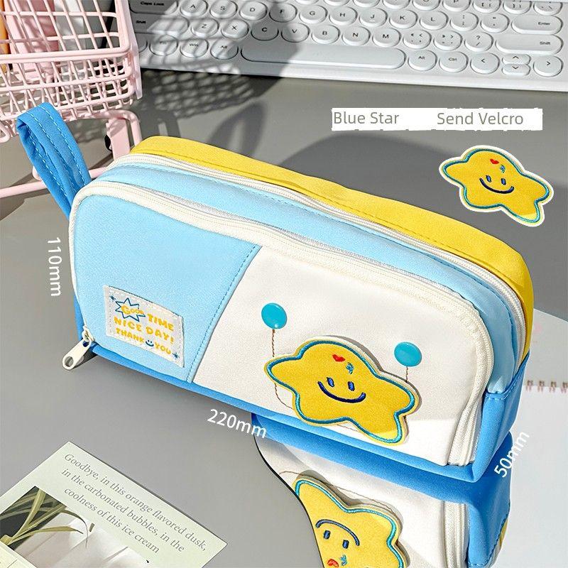 

Три контрастных цвета второго класса, супер горячий пенал, большая вместимость, для учениц средней школы, только красивый пенал для канцелярских товаров в стиле инс Blue Star for Velcro