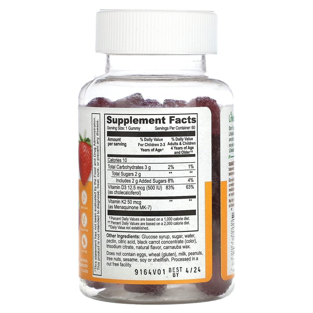 iHerb Children's Vitamin D3 + K2 Strawberry Flavored Gummies, 60 Count