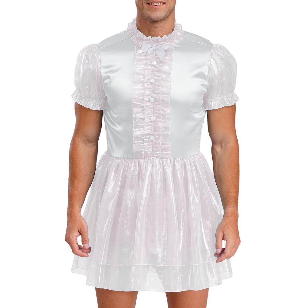 Herre Sissy Maid Kjole Kapper Kant Puffermer Sløyfedetalj Glitrende Puffete Kjole Låsbar Crossdressing Kostyme
