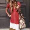 Women's Summer Long Dress Patchwork V-Neck Loose Maxi Dress Casual Short Sleeve Beach Vacation Sundress