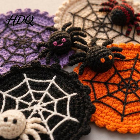 Coffee And Tea Cup Coaster Halloween Spider Web Coaster Handmade Crochet Heat Resistant Drink Mat for Crocheted Yarn Pad Table Spooky Gothic