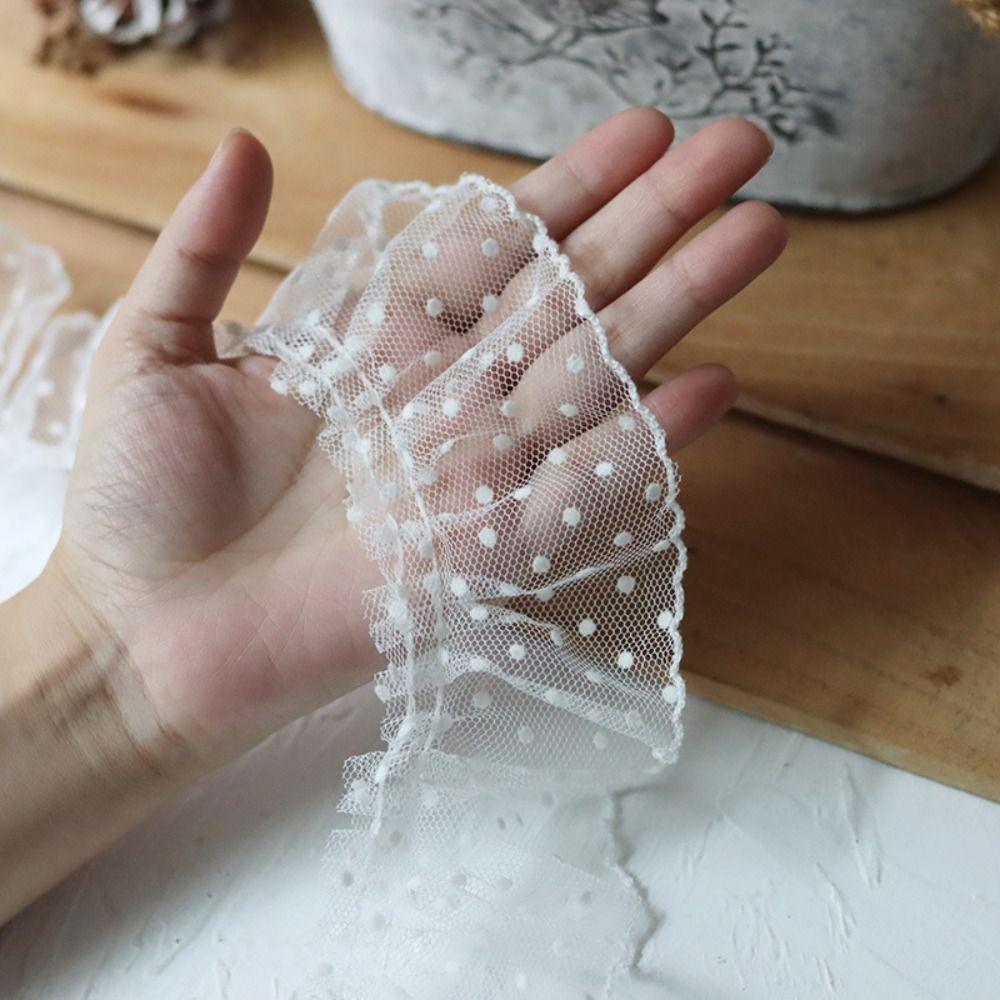 Elegant Pleated Lace Trim Black/White Polka Dot Mesh Ribbon Lace Fabric Ribbon Cuffs