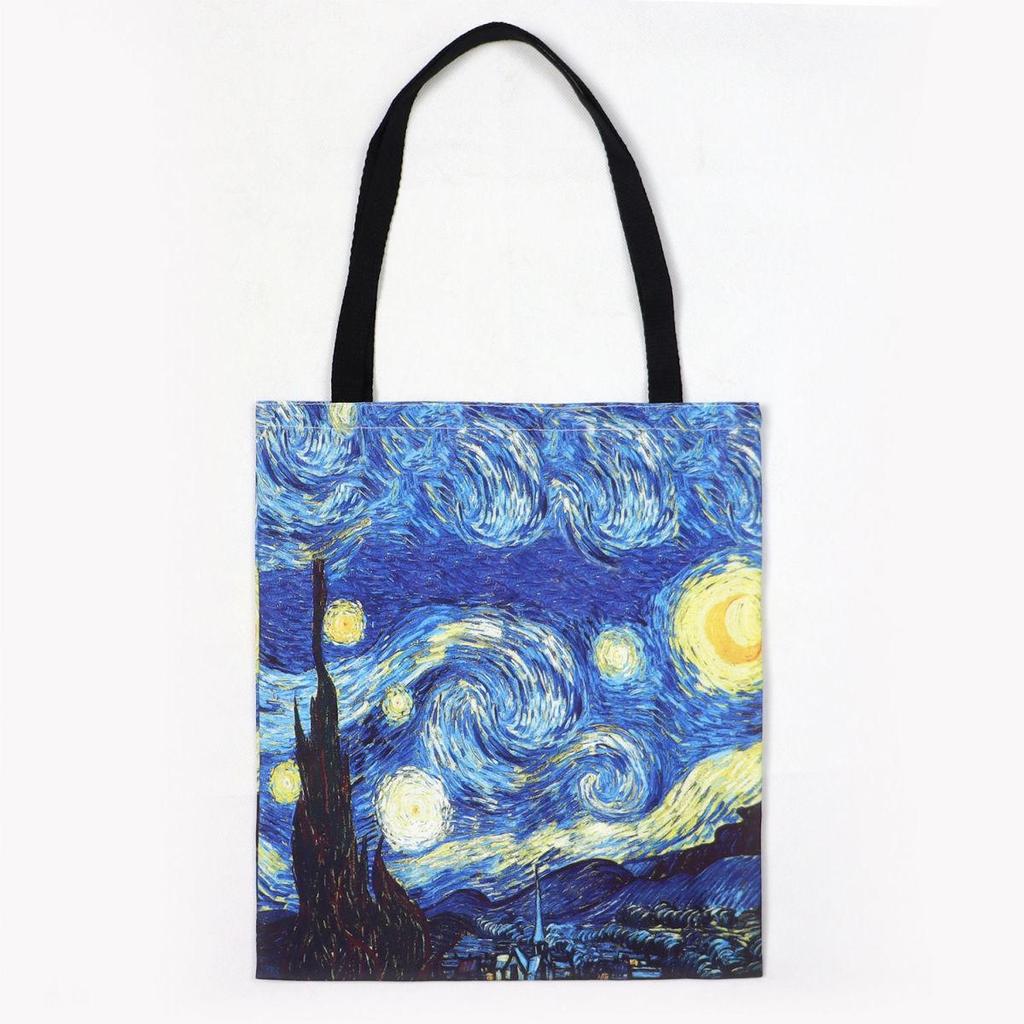 [Leinentasche] Van Gogh-Leinentasche, Ölgemälde, Sternennacht, Sonnenblumen, Aprikosenblüten, selbst Openair-Kaffeesitz-Handtasche