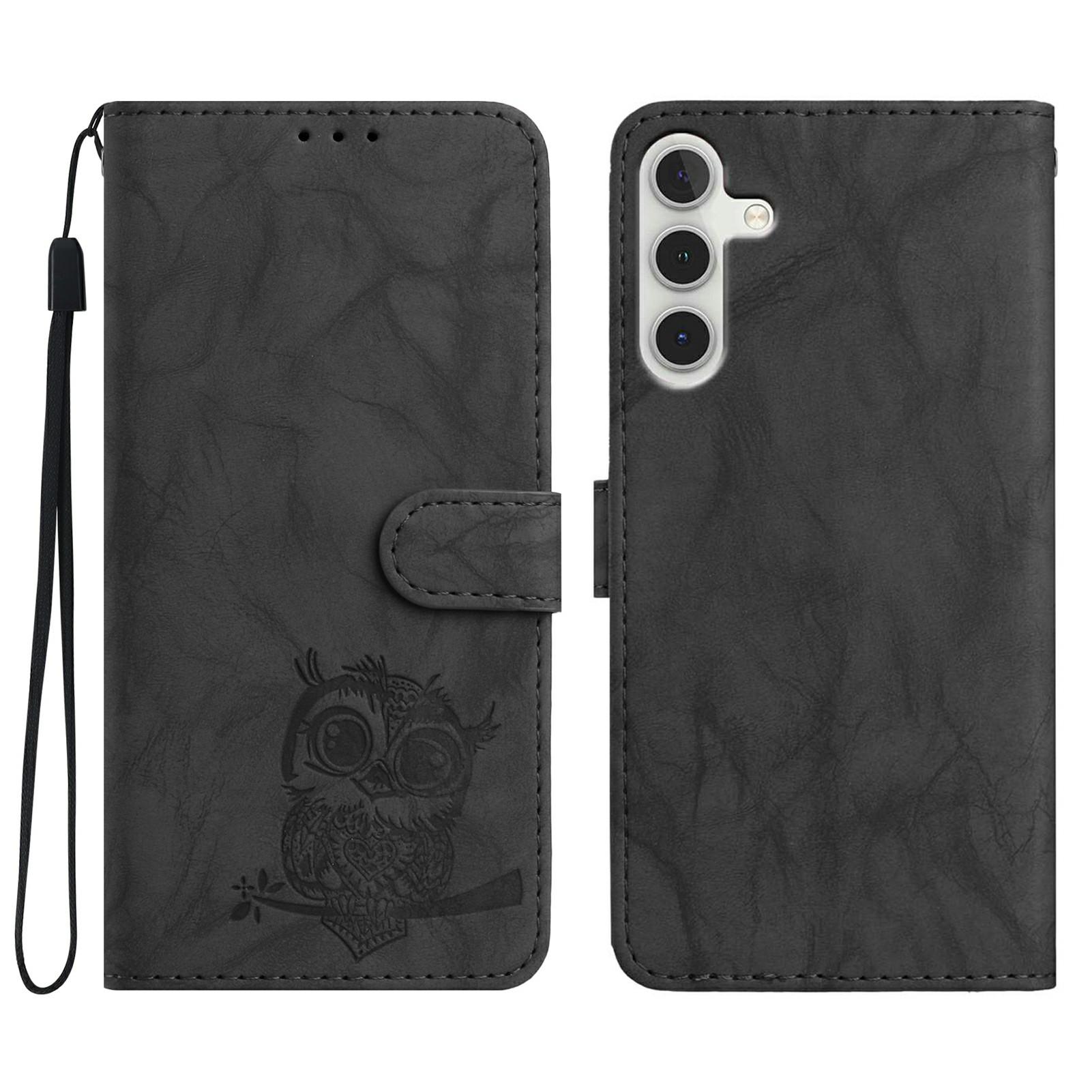 

For Samsung Galaxy A55 5G Case Owl Imprinted PU Leather Wallet Phone Cover with Wrist Strap Black