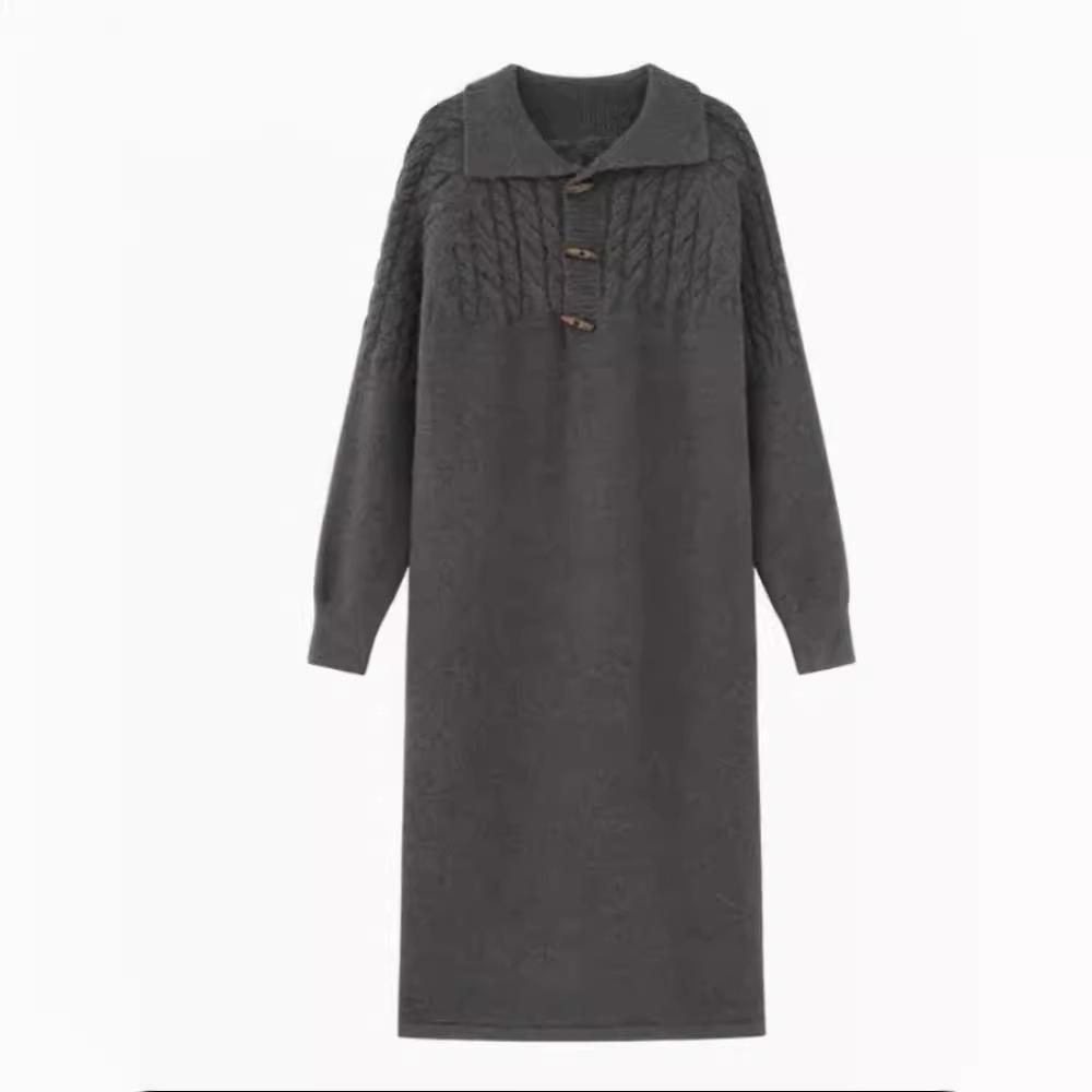 Twist sweater medium and long dress women's lapel autumn and winter loose lazy style temperament thin versatile knitted dress