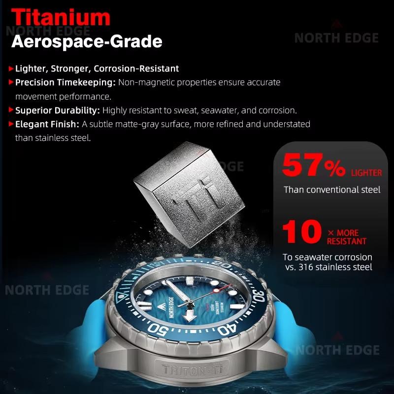 North Edge TRITON Hodinky napájené solární energií Vodotěsné hodinky pro potápění a plavání Otočný digitální rámeček Titanové pánské hodinky pro venkovní sport