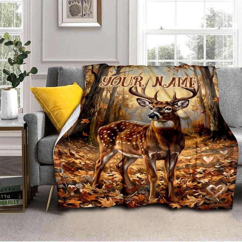 1PC Custom Name Autumn Deer Art Blanket Versatile,all-season Throw Suitable for the Living Room,bedroom,camping,travel,and Gift