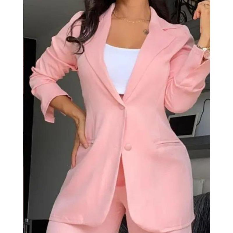 Women's Two Piece Blazer Set Lapel Jacket Wide Leg Pants Elegant Office Suit Outfit