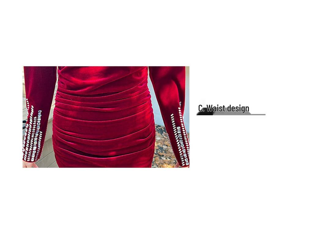 Autumn 2025 Gold Velvet Bodycon Dress with Hot Drill Design