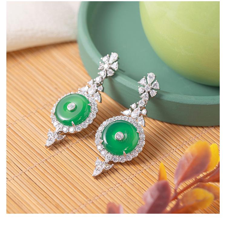 Rui Diamond Jewelry S925 Silver Gold-Plated Green Chalcedony Peace Buckle Earrings - Ideal Gift for Mom