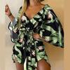 Mini abito con orlo asimmetrico Stampa tropicale Cravatta sexy sul davanti con scollo a V Abito da spiaggia da donna