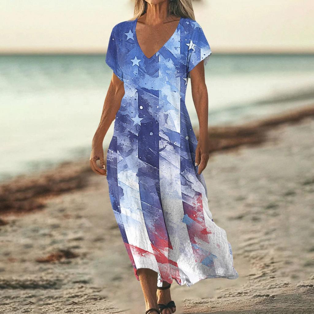 Sommerkleid Damen Lang Strandkleid Elegantes Kleid V-Ausschnitt Kurzarm Sommerkleid Leicht Luftig