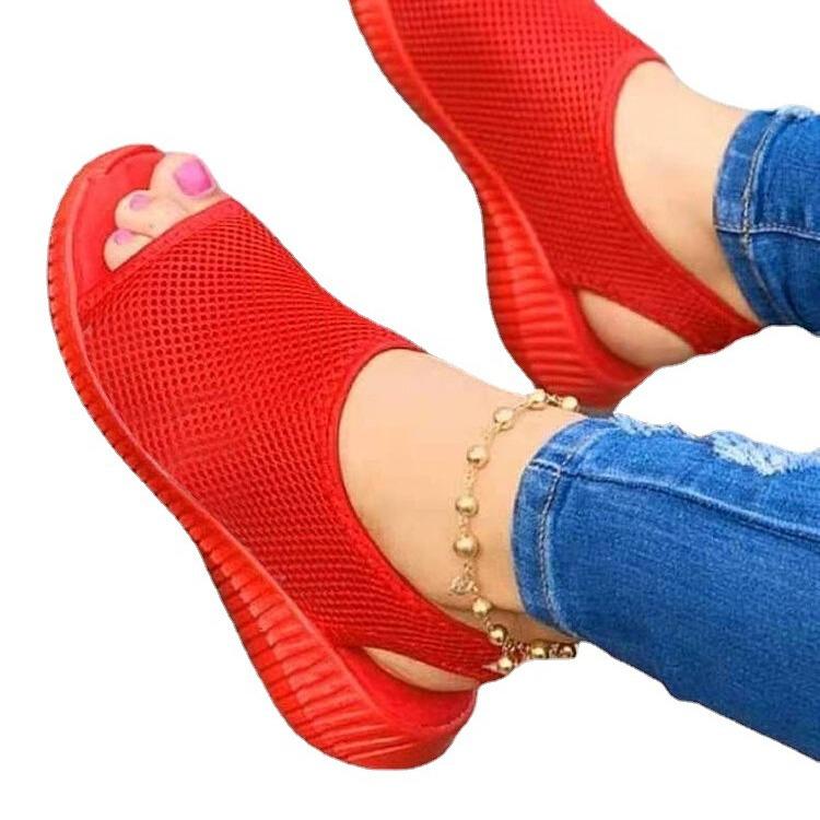 2021 Sommer Übergröße Flyknit Atmungsaktiv Damen Flacher Absatz Zehenfrei Sandalen