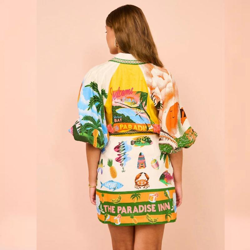 Uformelle Kjoler med Lange Ermer Plante- og Blomsterprint Nedfelt Krage Kjole Mote for Kvinner Høy Midje Kjole Knapper Skjorte Knytekjole Strandkjole