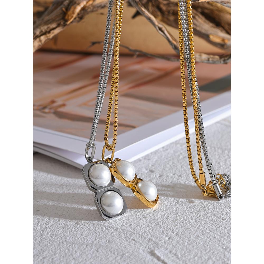 Yhpup Stylish Unisex Jewelry 316l Stainless Steel Square Round Imitation Pearls Pendant Necklace Casual Clothing Accessories