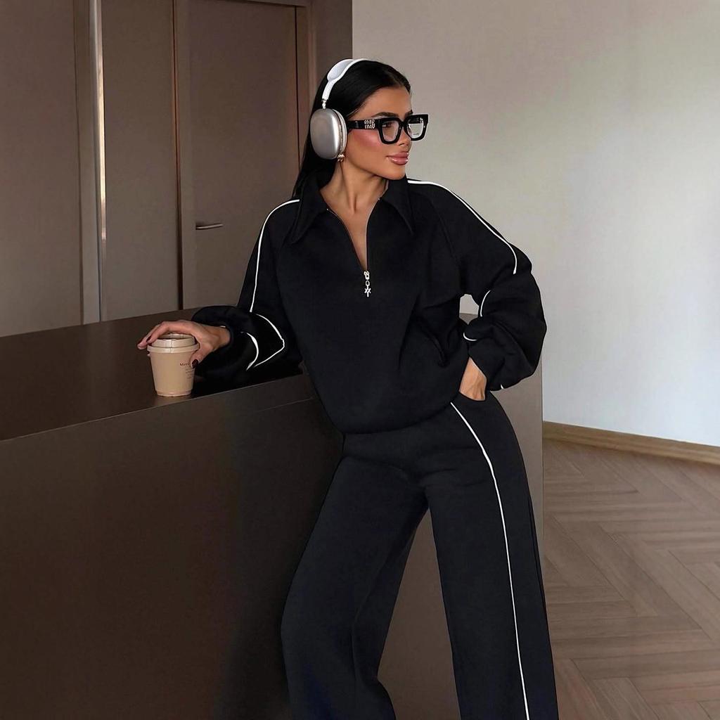 2025 cross-border European and American women's clothing Amazon zipper long-sleeved straight slim-fit casual pants commuter fashion suit