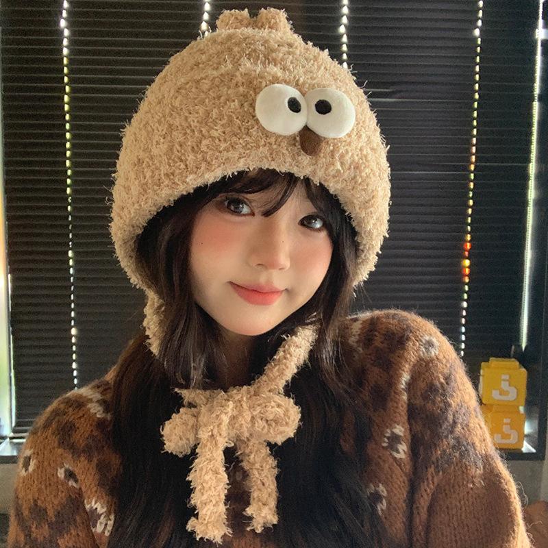 Cute Funny Hat for Women Thickened Ear Protection Warm Knitted Hat Big Head Size Woolen Hat Big Eyes Pullover Hat