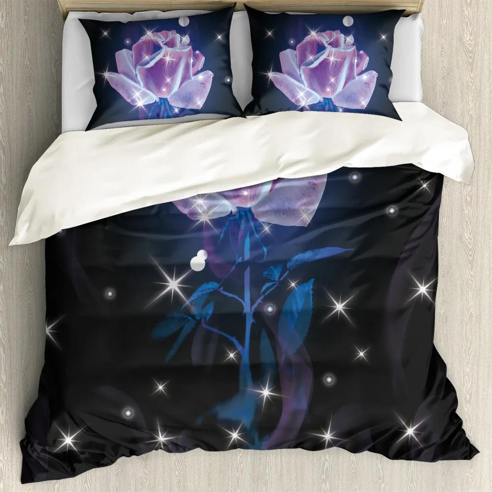 Purple Rose King Queen Duvet Cover Beautiful Butterflies Flowers Bedding Set For Teen Adults Floral 2/3Pcs Polyester Quilt Cover